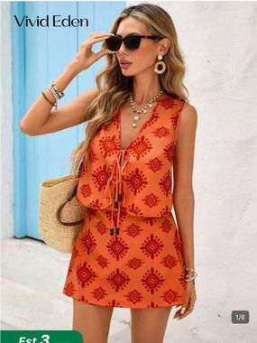 SHEIN Orange Red Printed Sleeveless Romper